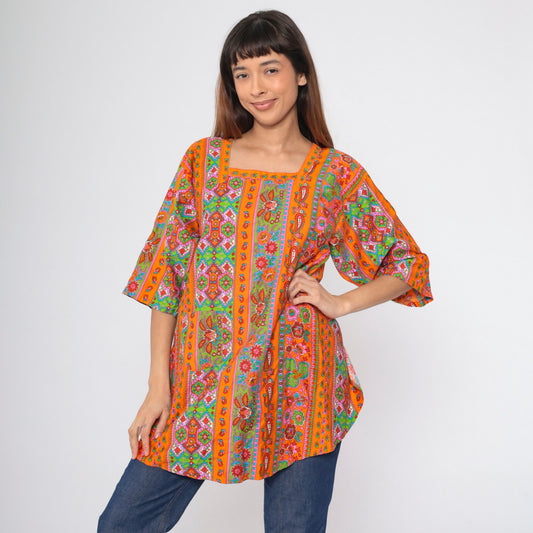 70s Floral Paisley Orange Apron Top Tie Back Tunic Small