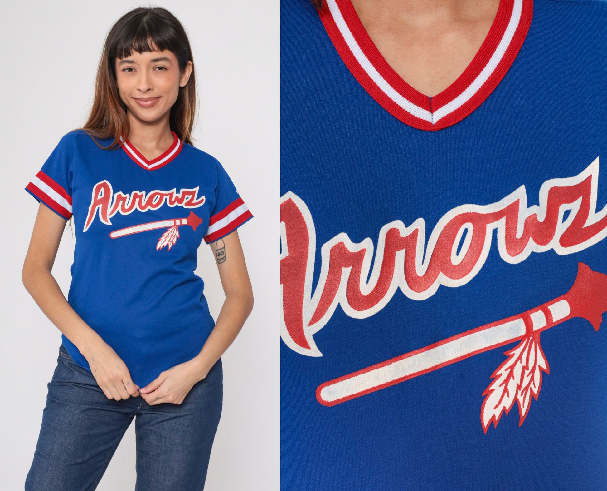 80s Wilson Arrows Baseball Jersey #24 Blue Red White Striped Ringer Youth Medium