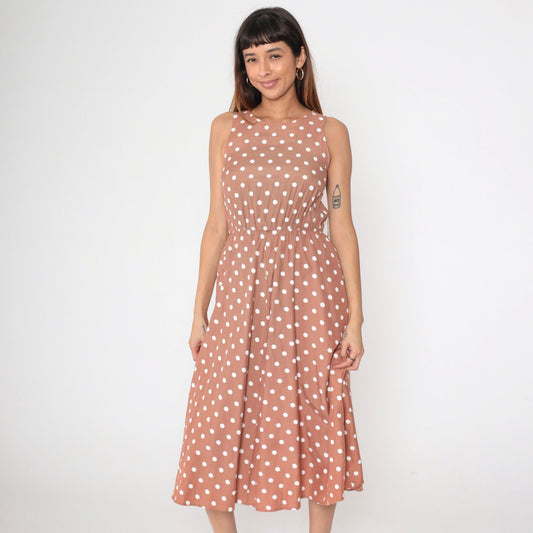 80s My Michelle Mocha Polka Dot Midi Sundress High Waist Sleeveless Extra Small