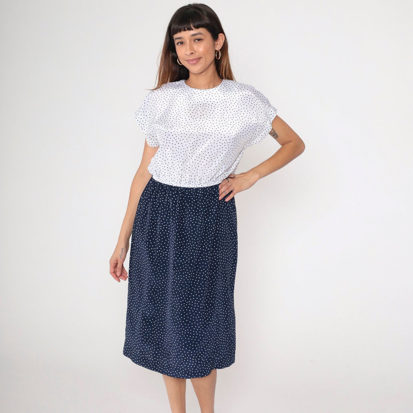 80s Leslie Fay Polka Dot Knee-Length Dress Navy White High-Waisted Medium