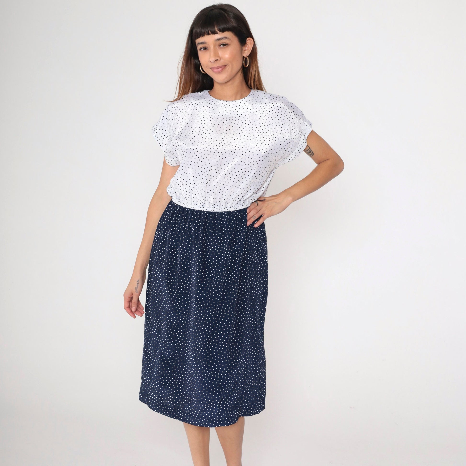80s Leslie Fay Polka Dot Knee-Length Dress Navy White High-Waisted Medium