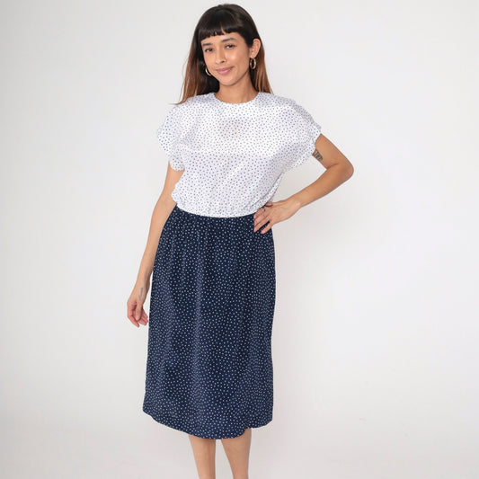 80s Leslie Fay Polka Dot Knee-Length Dress Navy White High-Waisted Medium