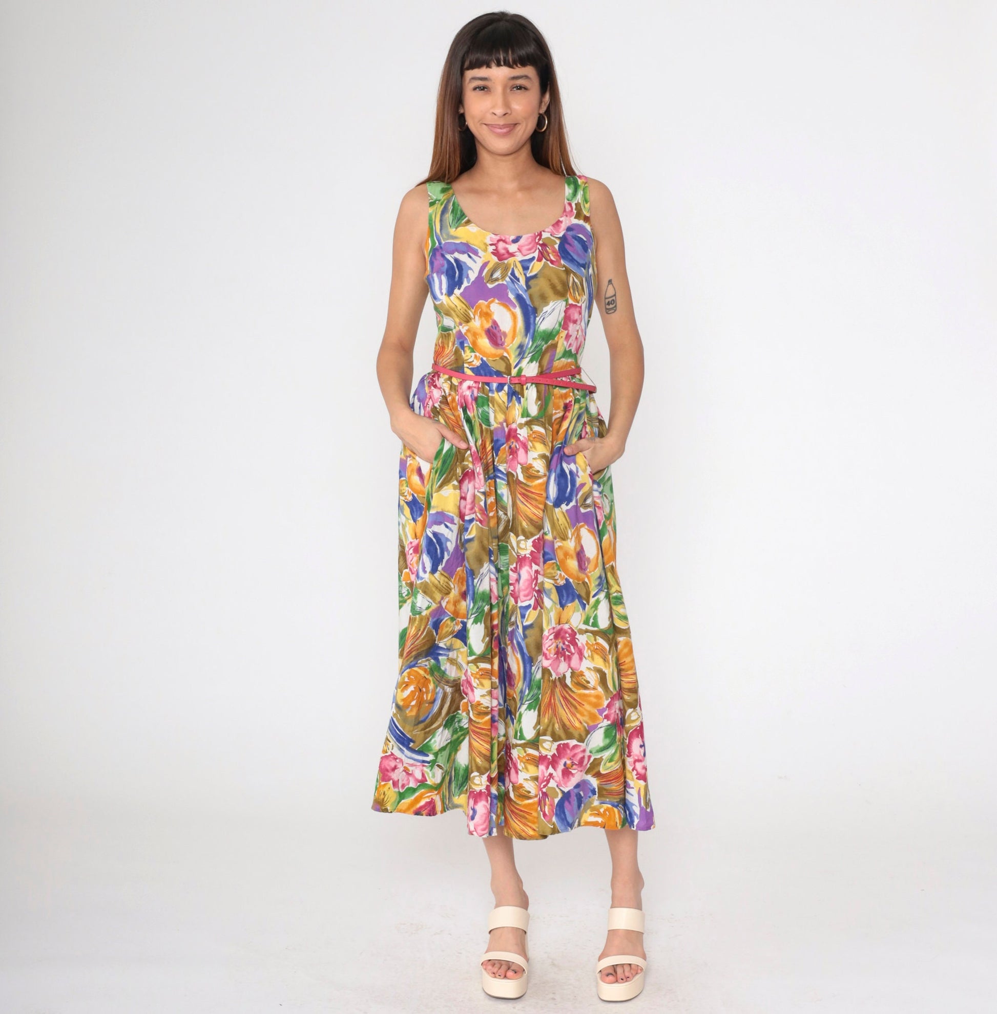 90s Banana Republic Floral Midi Dress Multicolor Sleeveless High Waist Small 6