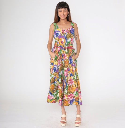90s Banana Republic Floral Midi Dress Multicolor Sleeveless High Waist Small 6
