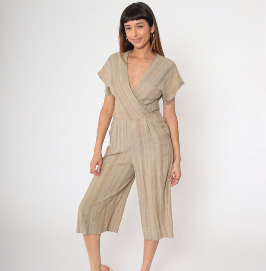 80s Pantasia Taupe Striped Wrap Jumpsuit Wide Leg V-Neck Small