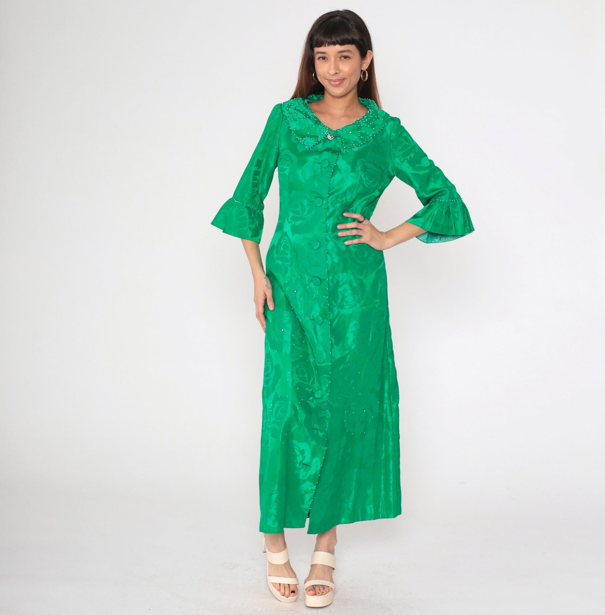 60s Alice of California Green Jacquard Floral Maxi Dress Pearl Beaded Peter Pan Collar Small