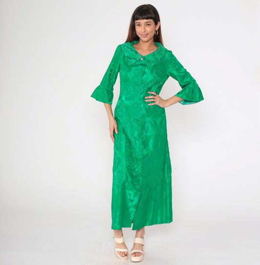 60s Alice of California Green Jacquard Floral Maxi Dress Pearl Beaded Peter Pan Collar Small