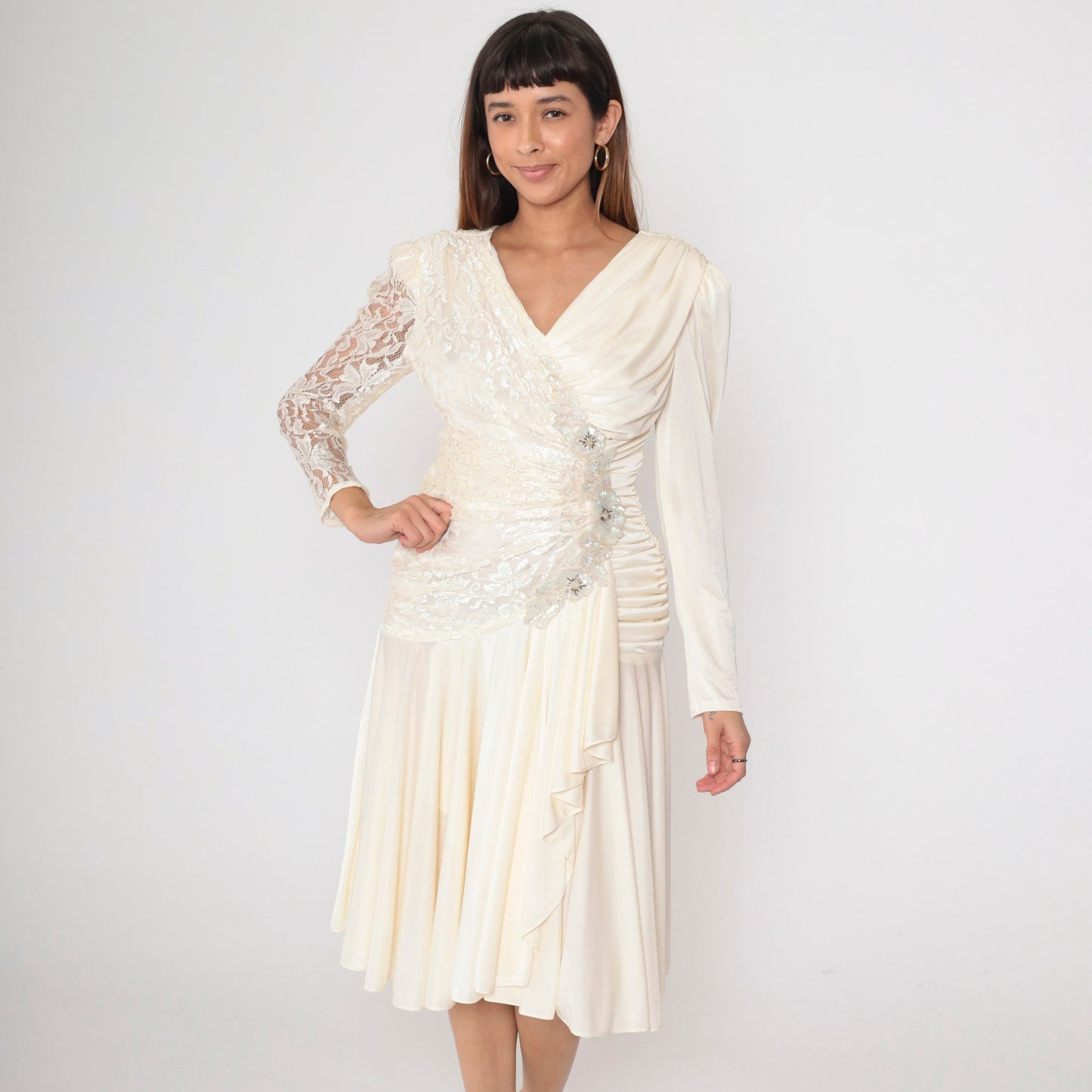 80s Off-White Lace Midi Dress Beaded Sequin V-Neck Puff Sleeve Small