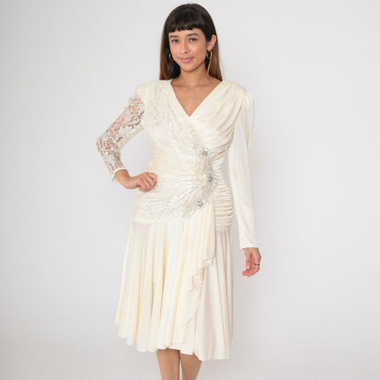 80s Off-White Lace Midi Dress Beaded Sequin V-Neck Puff Sleeve Small