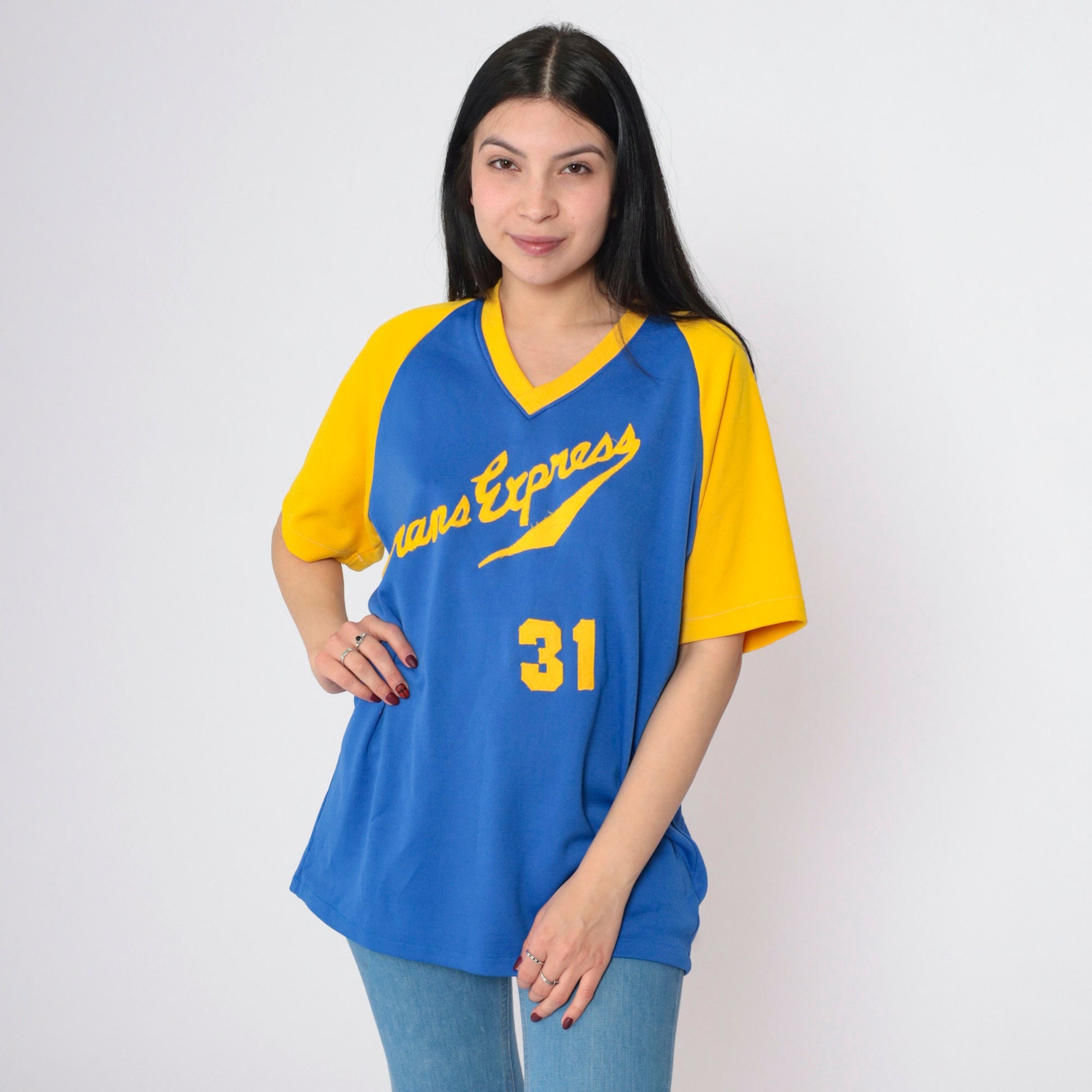 70s Trans Express Steve 31 Baseball Ringer Tee V-Neck Raglan Yellow Blue Medium