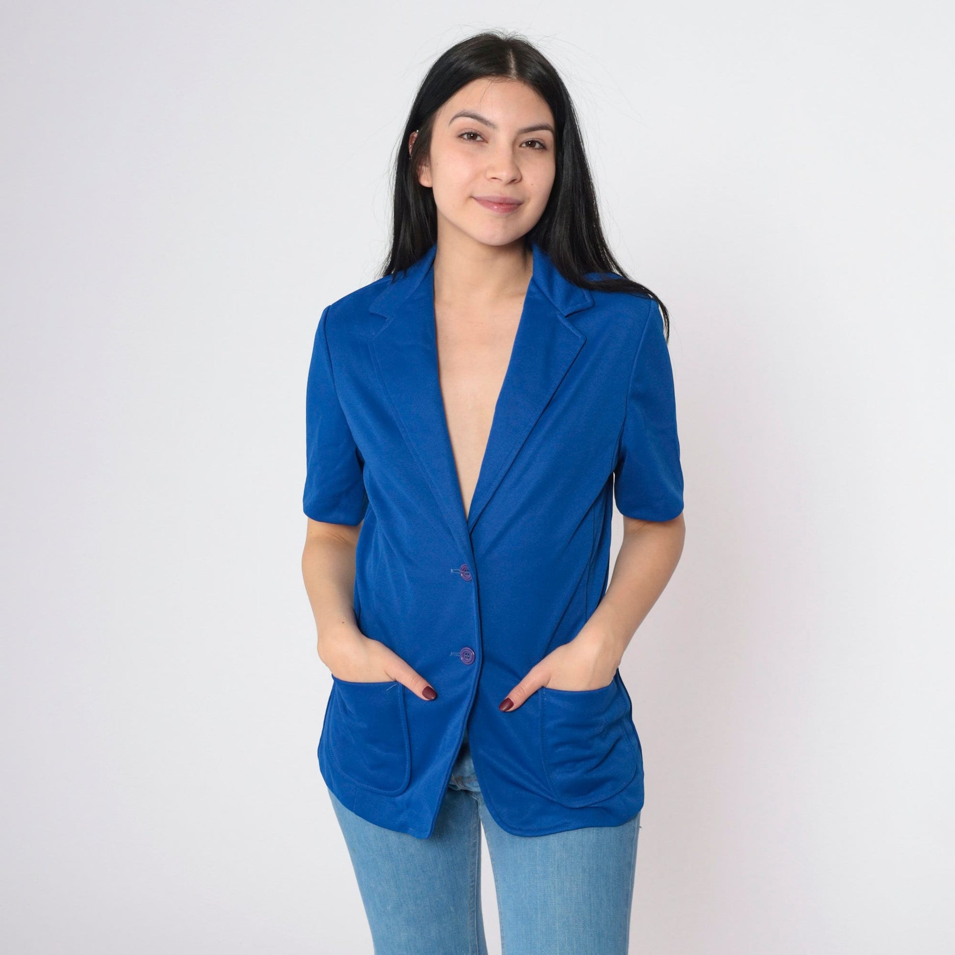 70s Royal Blue Short Sleeve Blazer Tailored Button Up Jacket Small