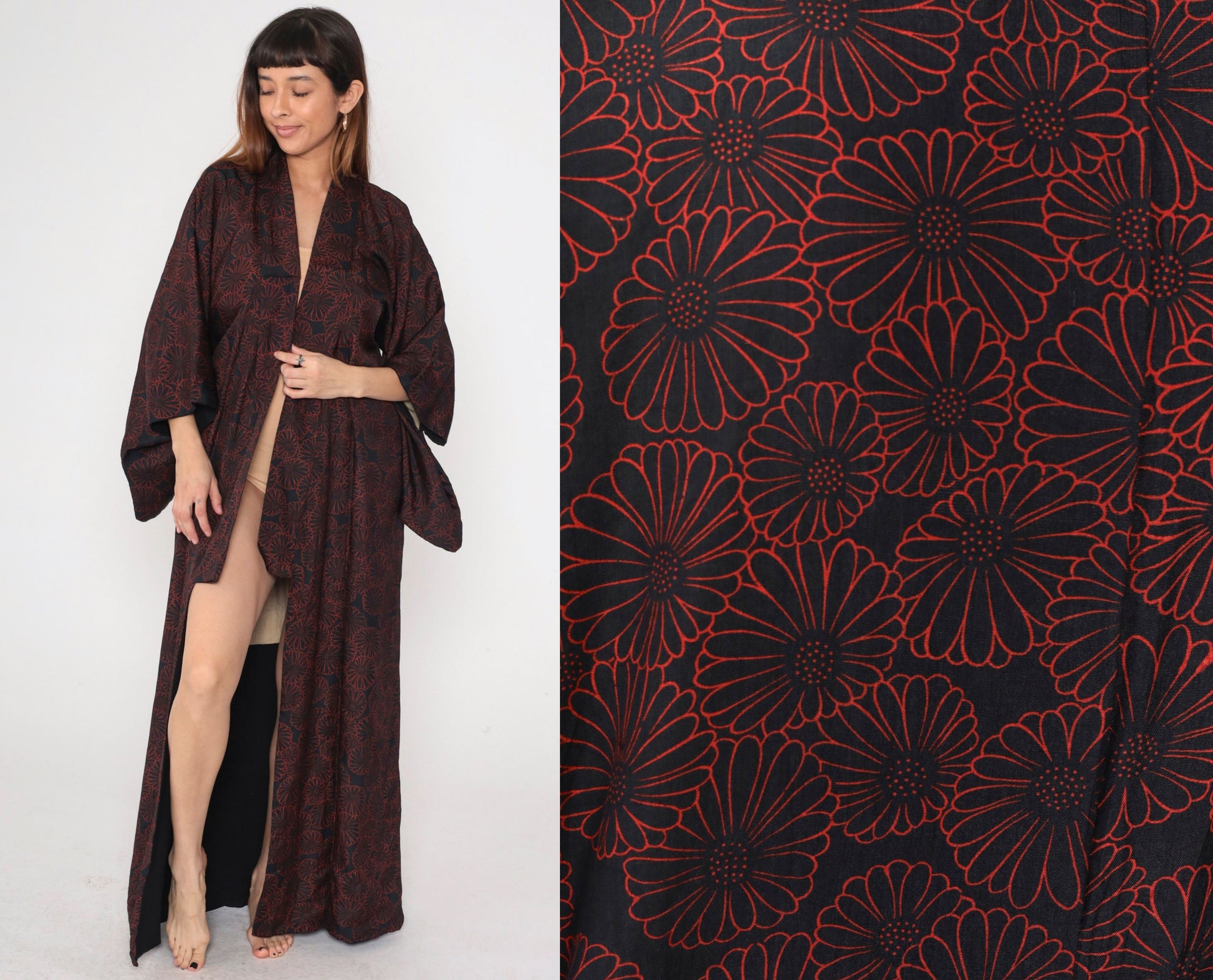 60s Black Kimono Robe Red Floral Print Full Length Maxi Large L