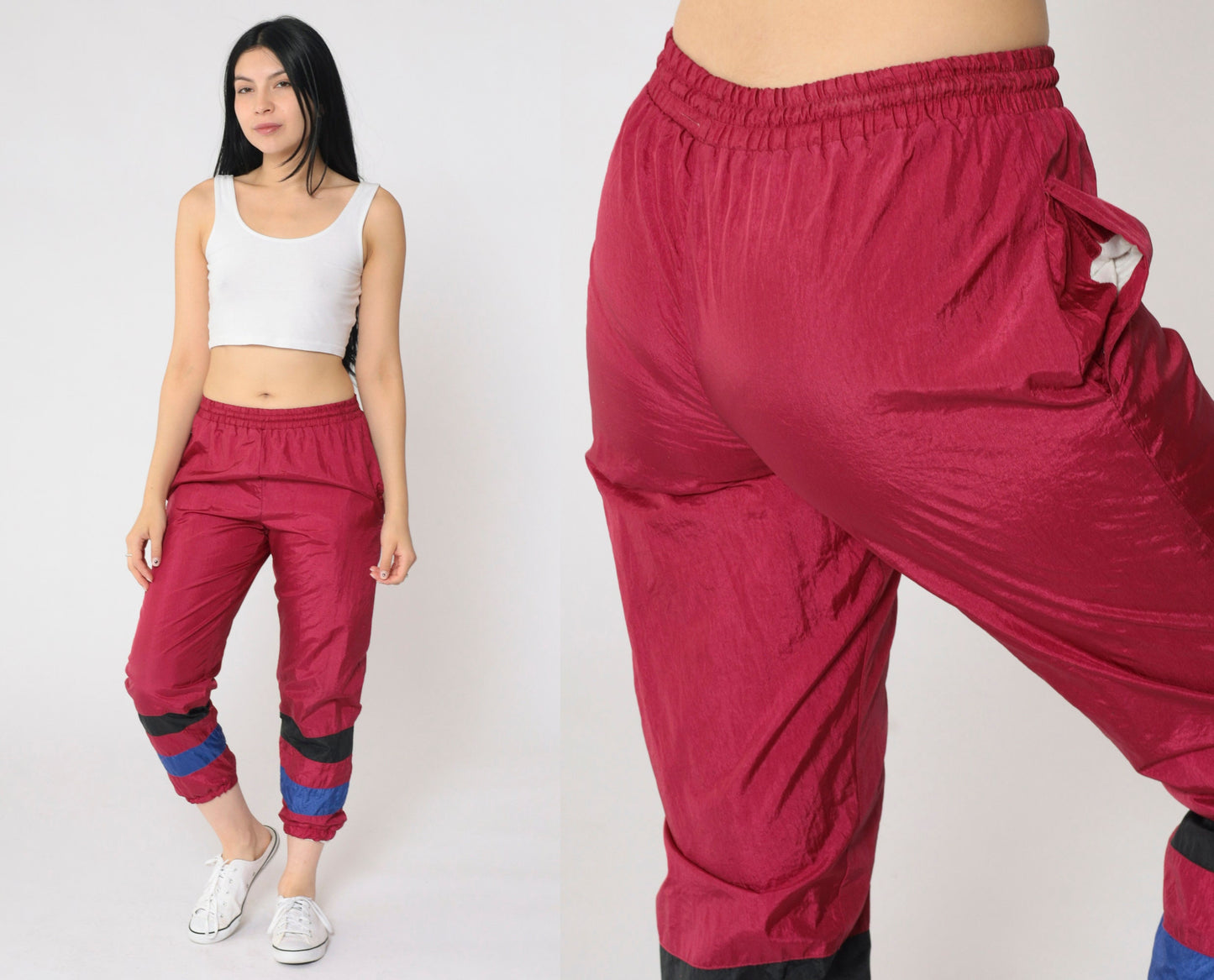 90s Raspberry Nylon Track Pants Striped Kids Medium