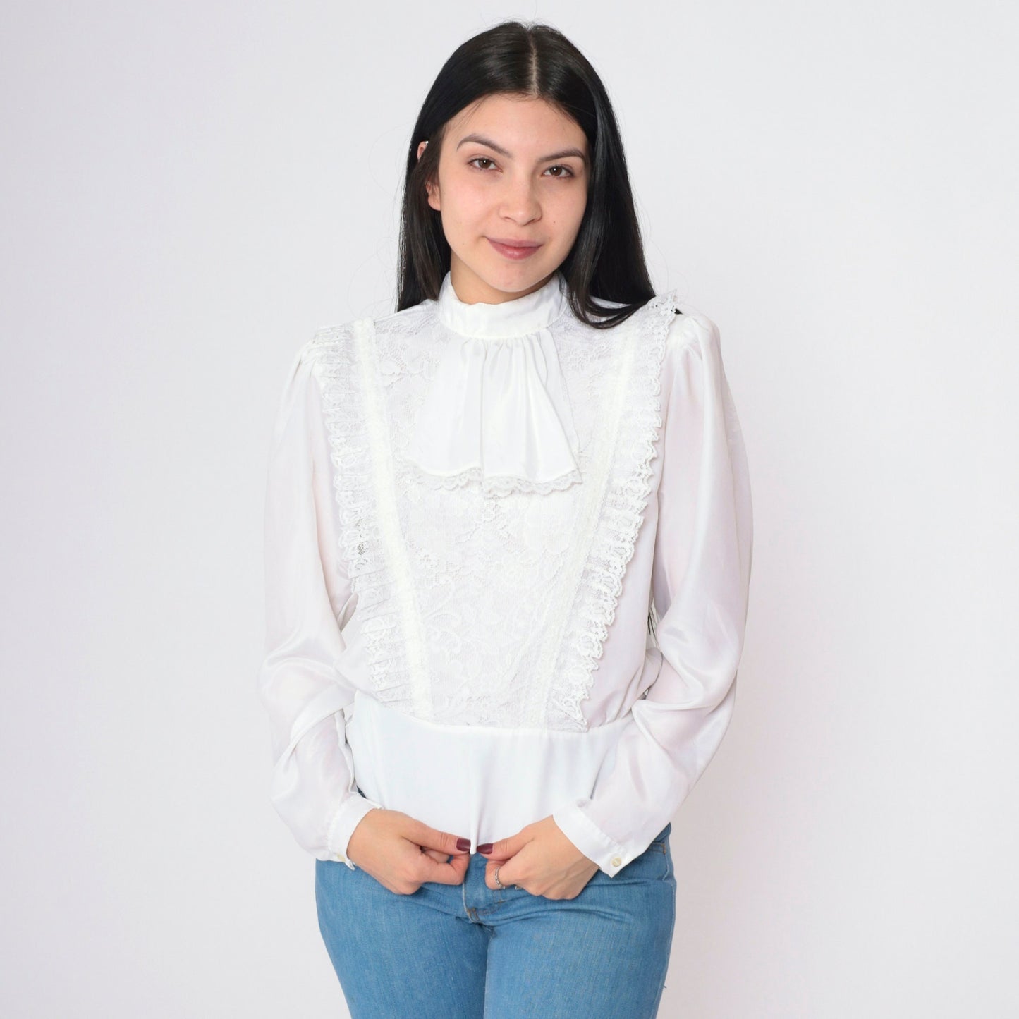 80s White Lace Jabot Blouse Puff Sleeve Button Back Shirt Small