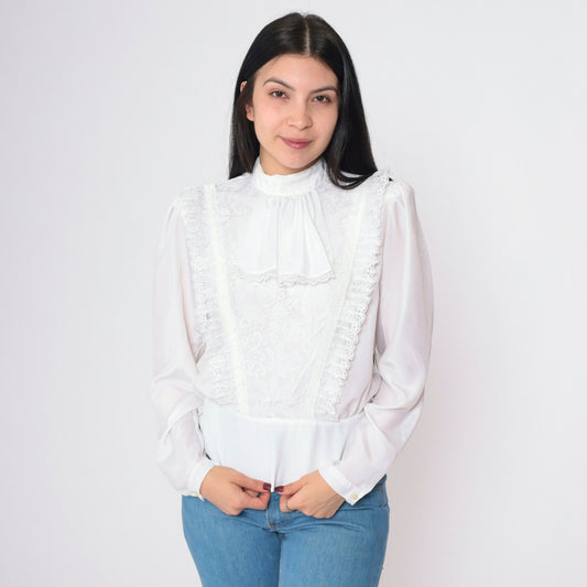 80s White Lace Jabot Blouse Puff Sleeve Button Back Shirt Small