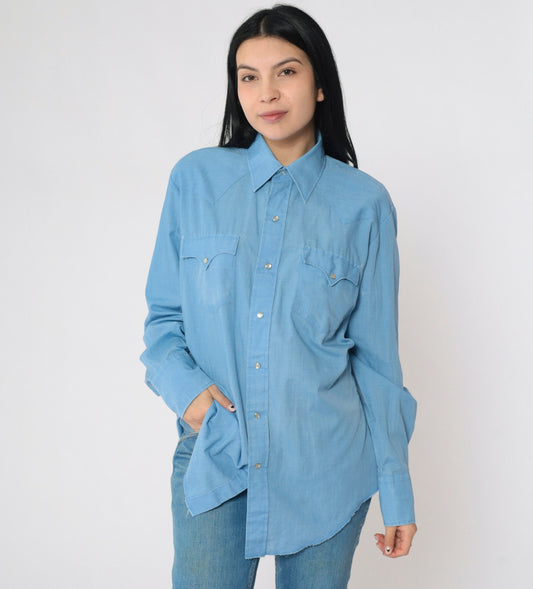 80s Blue Pearl Snap Western Shirt Men's Medium Long Sleeve Button Up