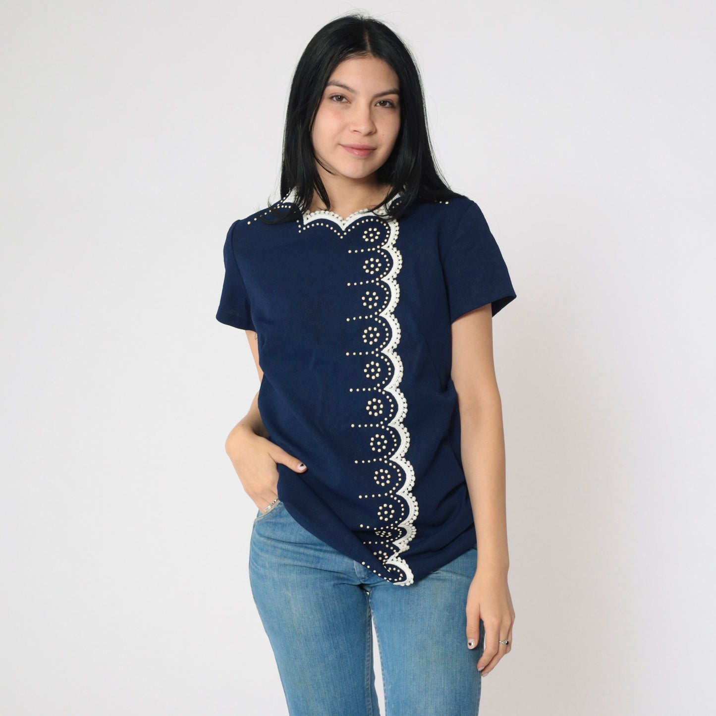 60s Navy Tunic Top Scalloped Lace Trim Mod Dot Print Short Sleeve Medium