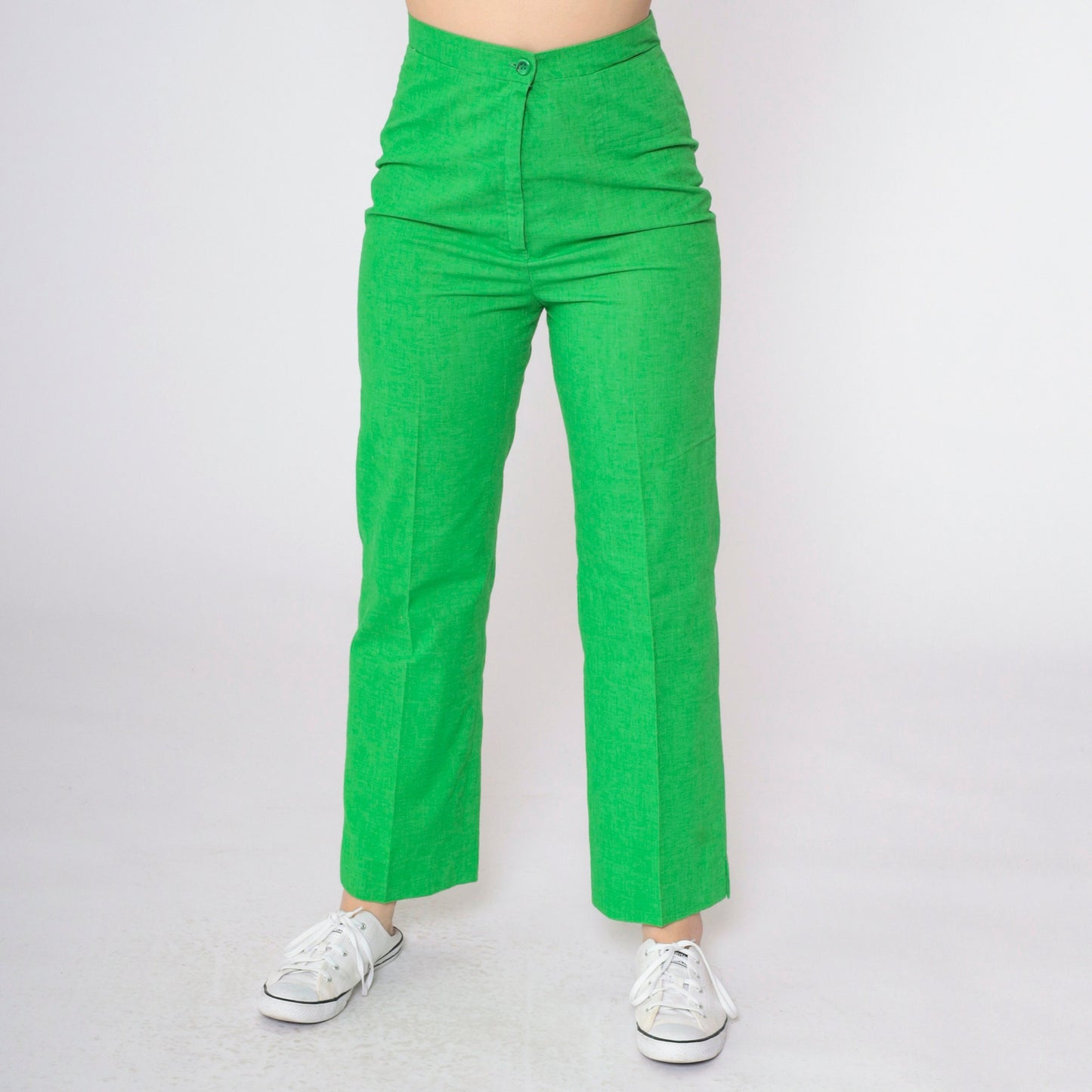 70s Lime Green Straight Leg Trousers High Rise Cotton Blend Small