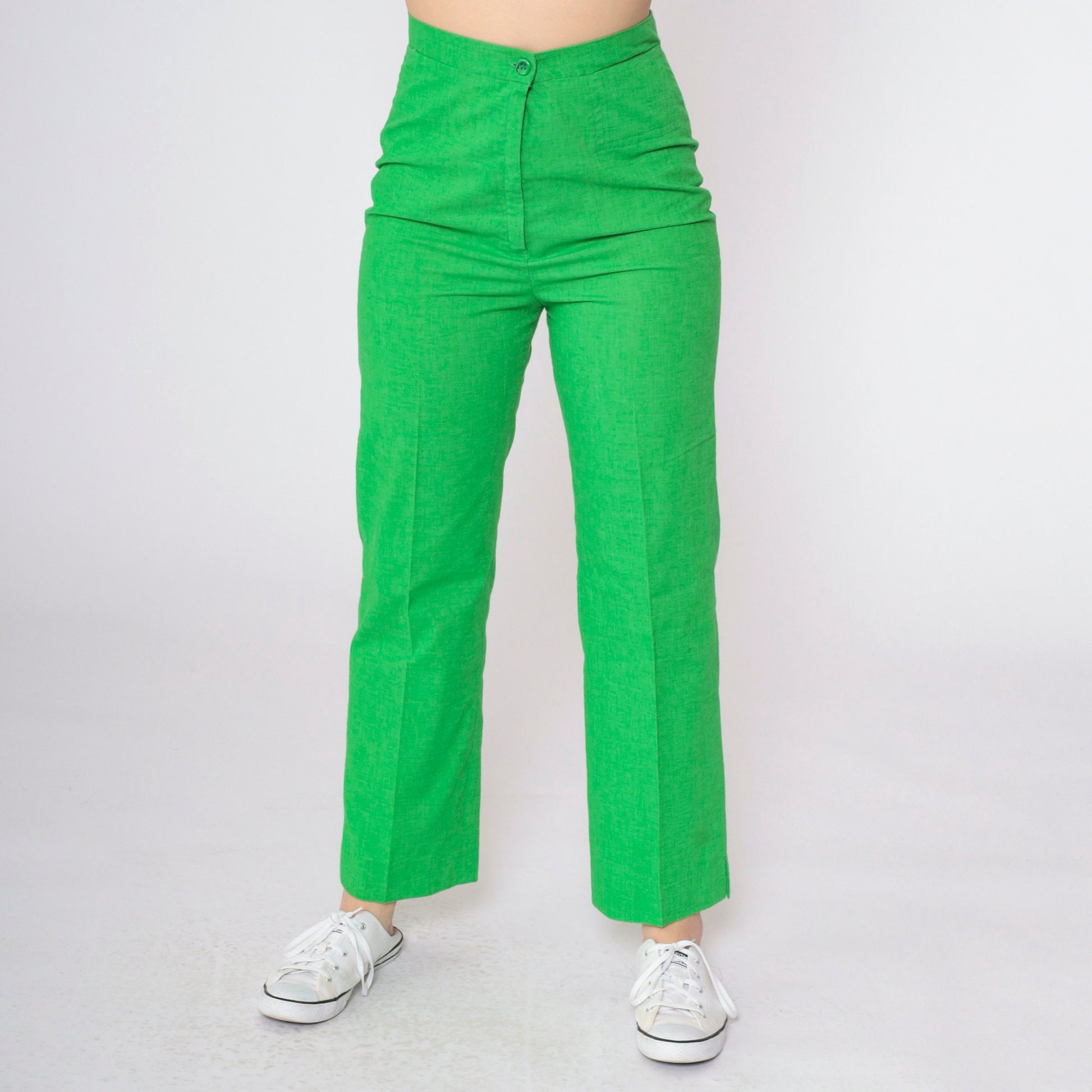 70s Lime Green Straight Leg Trousers High Rise Cotton Blend Small