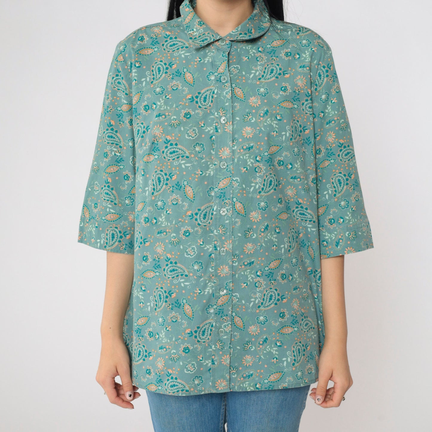 Y2K Green Orange Paisley Button-Up Blouse 3/4 Sleeve Collared Top Medium