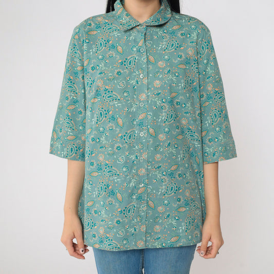 Y2K Green Orange Paisley Button-Up Blouse 3/4 Sleeve Collared Top Medium