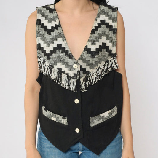 90s Southwestern Tapestry Vest Fringe Trim Black White Geometric Button Up Medium