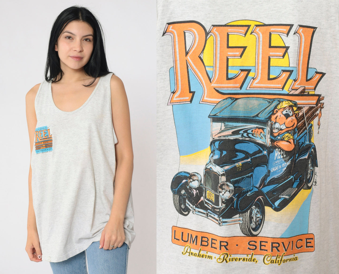 90s Reel Lumber Service Graphic Tank Top Beaver Cartoon Grey Extra Large XL