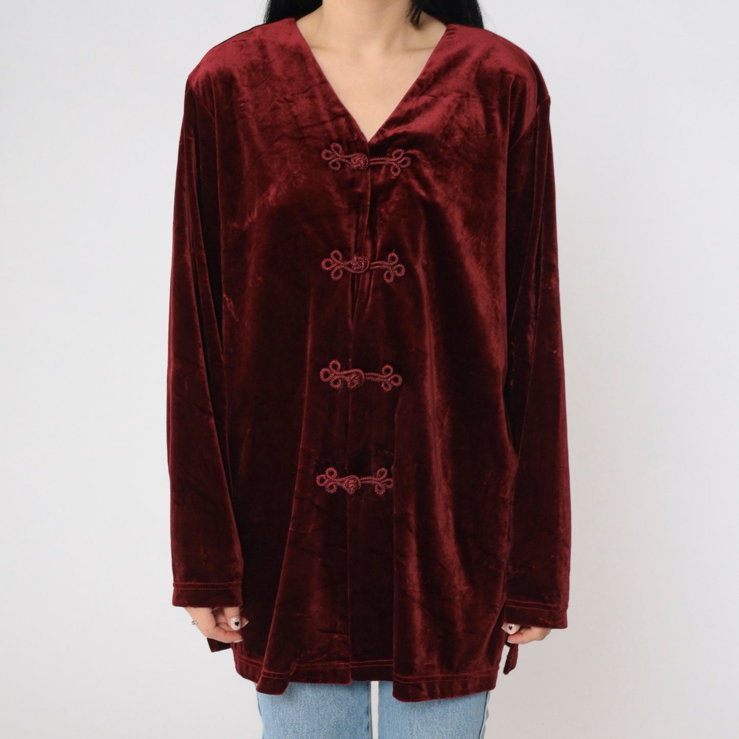 Y2K Burgundy Velvet Mandarin Collar Blouse Frog Closure Long Sleeve Large