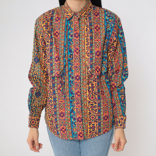 90s Frontier Series Western Floral Button Up Shirt Concho Medium