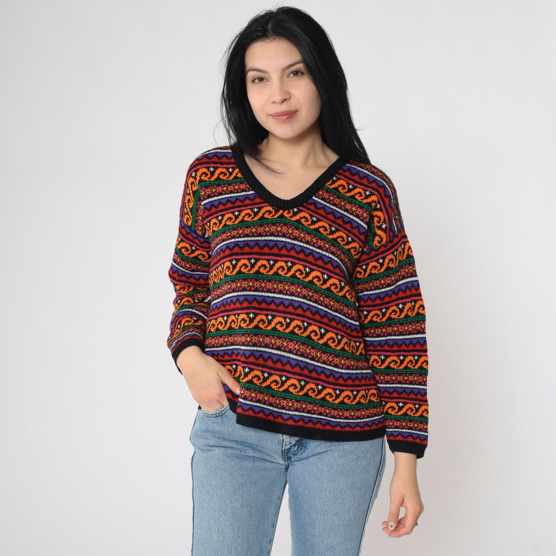 90s Geometric Floral Knit Sweater Black Orange V-Neck Pullover Medium M
