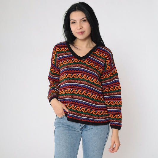 90s Geometric Floral Knit Sweater Black Orange V-Neck Pullover Medium M
