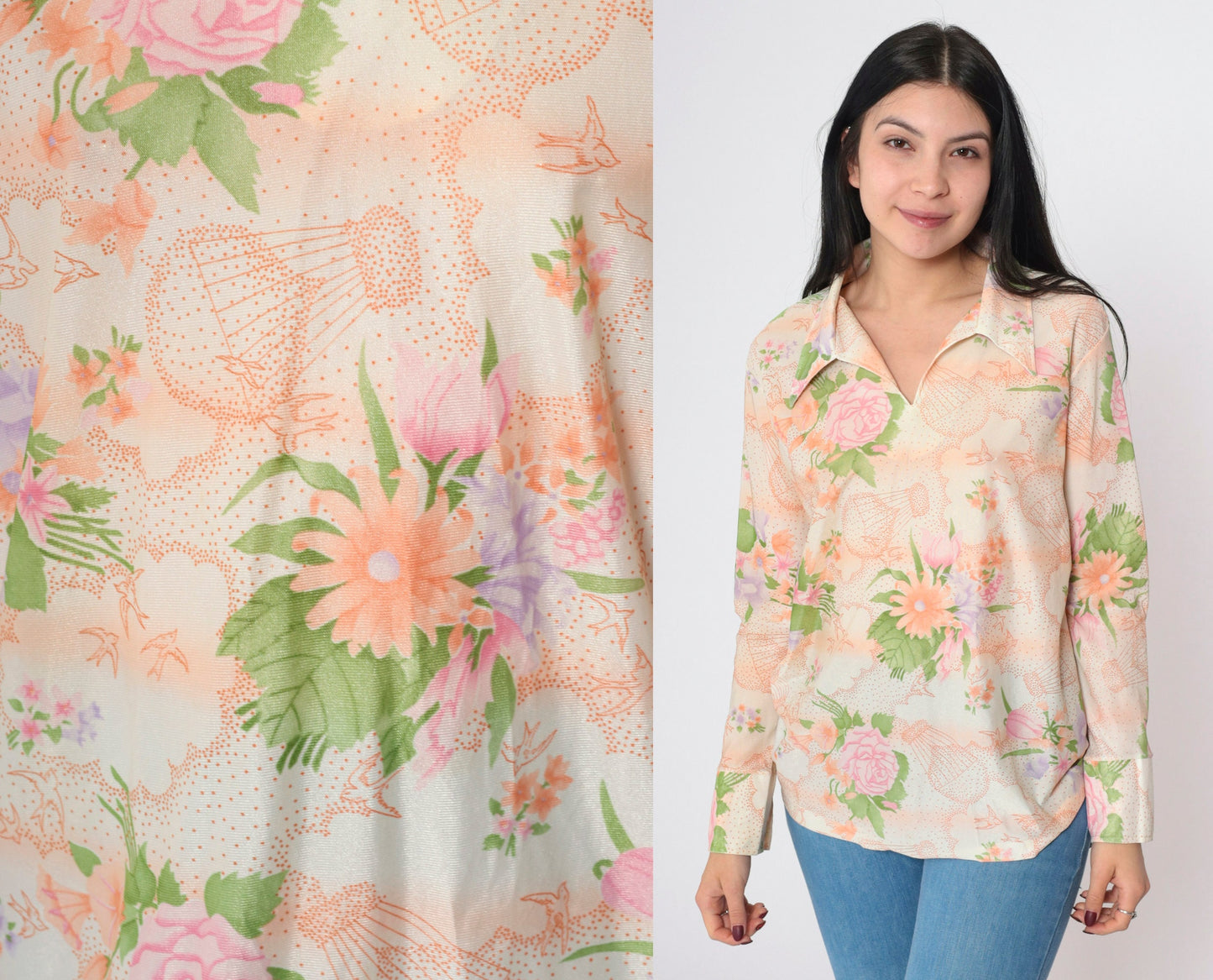 70s Pastel Bird Hot Air Balloon Floral Blouse Pointed Collar Long Sleeve Medium