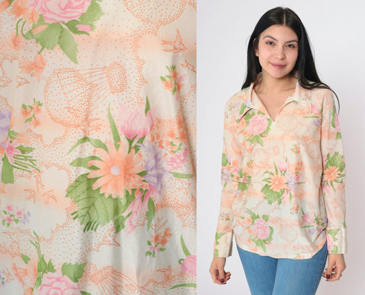 70s Pastel Bird Hot Air Balloon Floral Blouse Pointed Collar Long Sleeve Medium