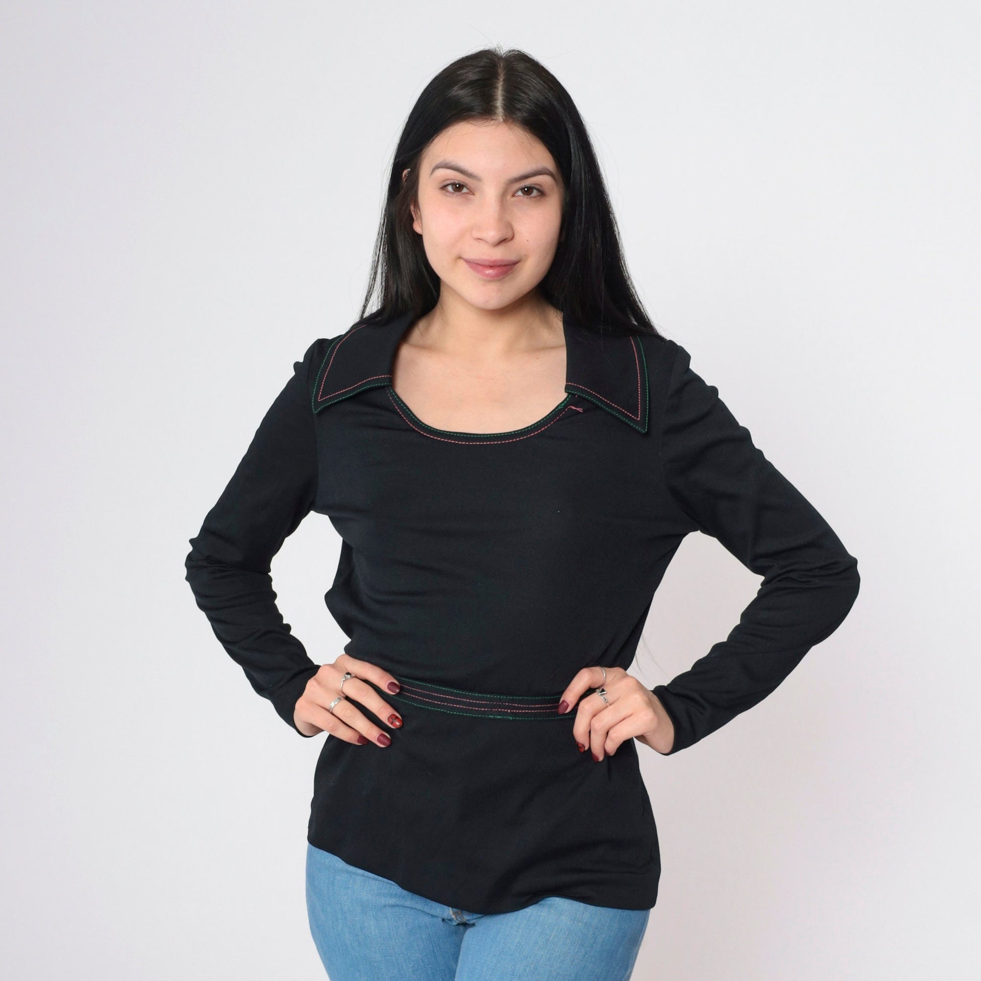 70s Black Long Sleeve Blouse Wide Collar Contrast Stitching Tie Belt Small