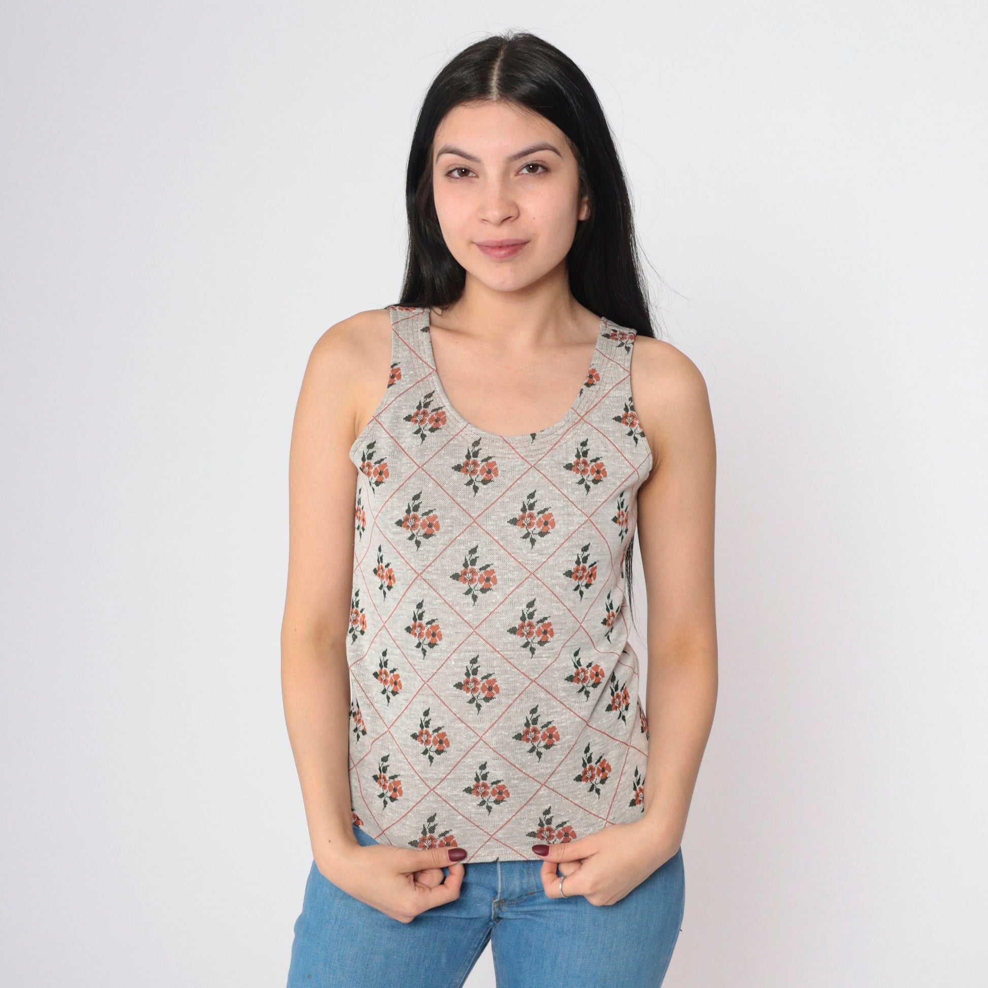 70s Floral Tank Top Scoop Neck Sleeveless Blouse Beige Orange Green Extra Small