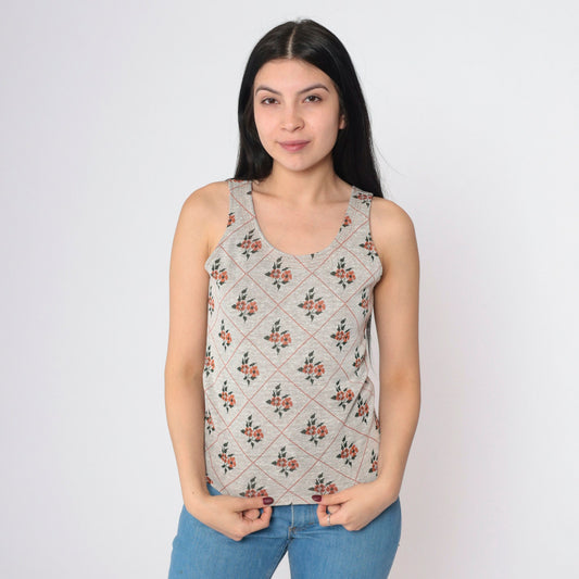 70s Floral Tank Top Scoop Neck Sleeveless Blouse Beige Orange Green Extra Small