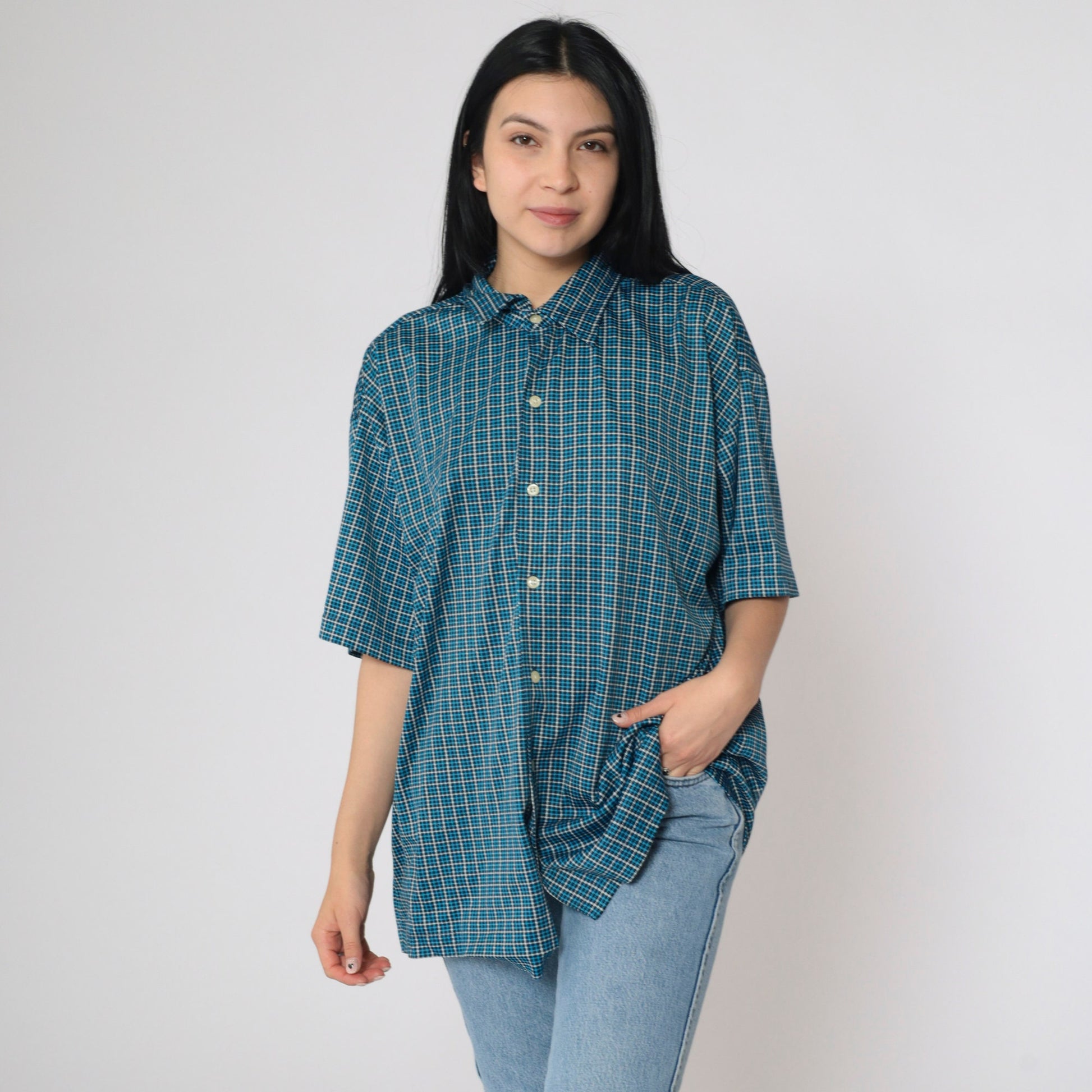 Gap Y2K Blue Houndstooth Button-Up Shirt Men's Extra Large XL