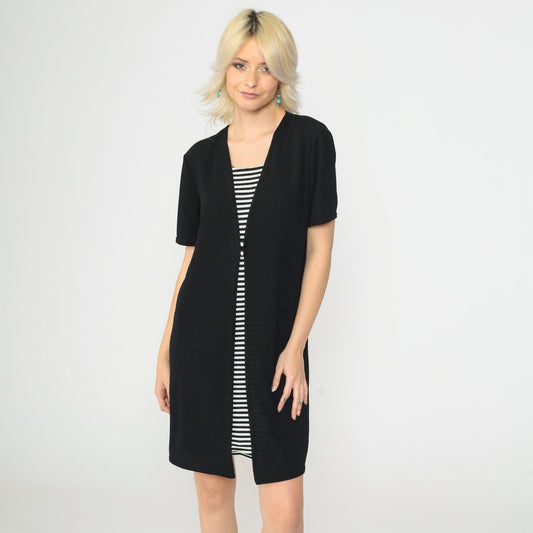 90s Black Striped Knit Dress Button Front V-Neck Short Sleeve Medium