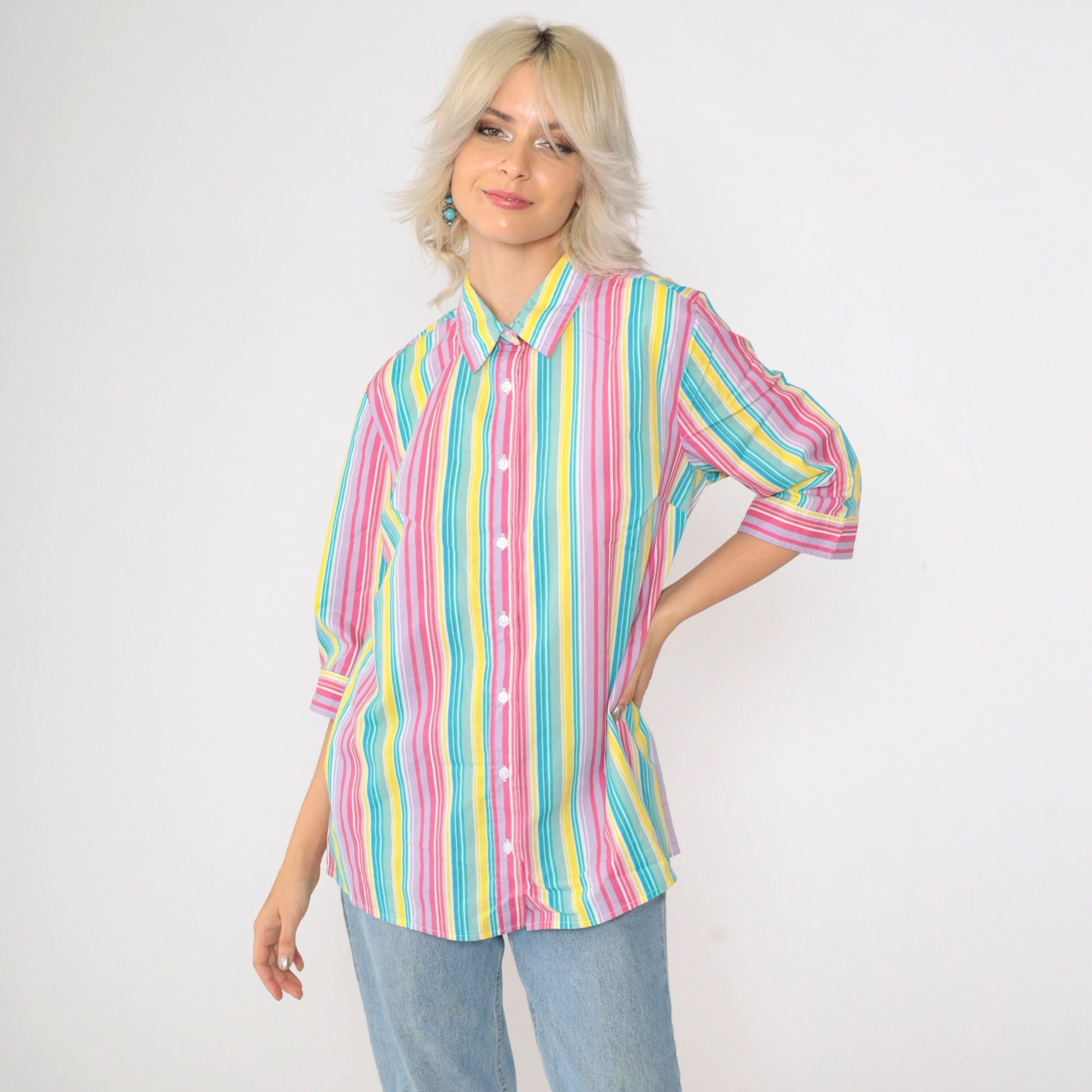 00s Striped Button Up Blouse Multicolor Rainbow Y2K Shirt Medium