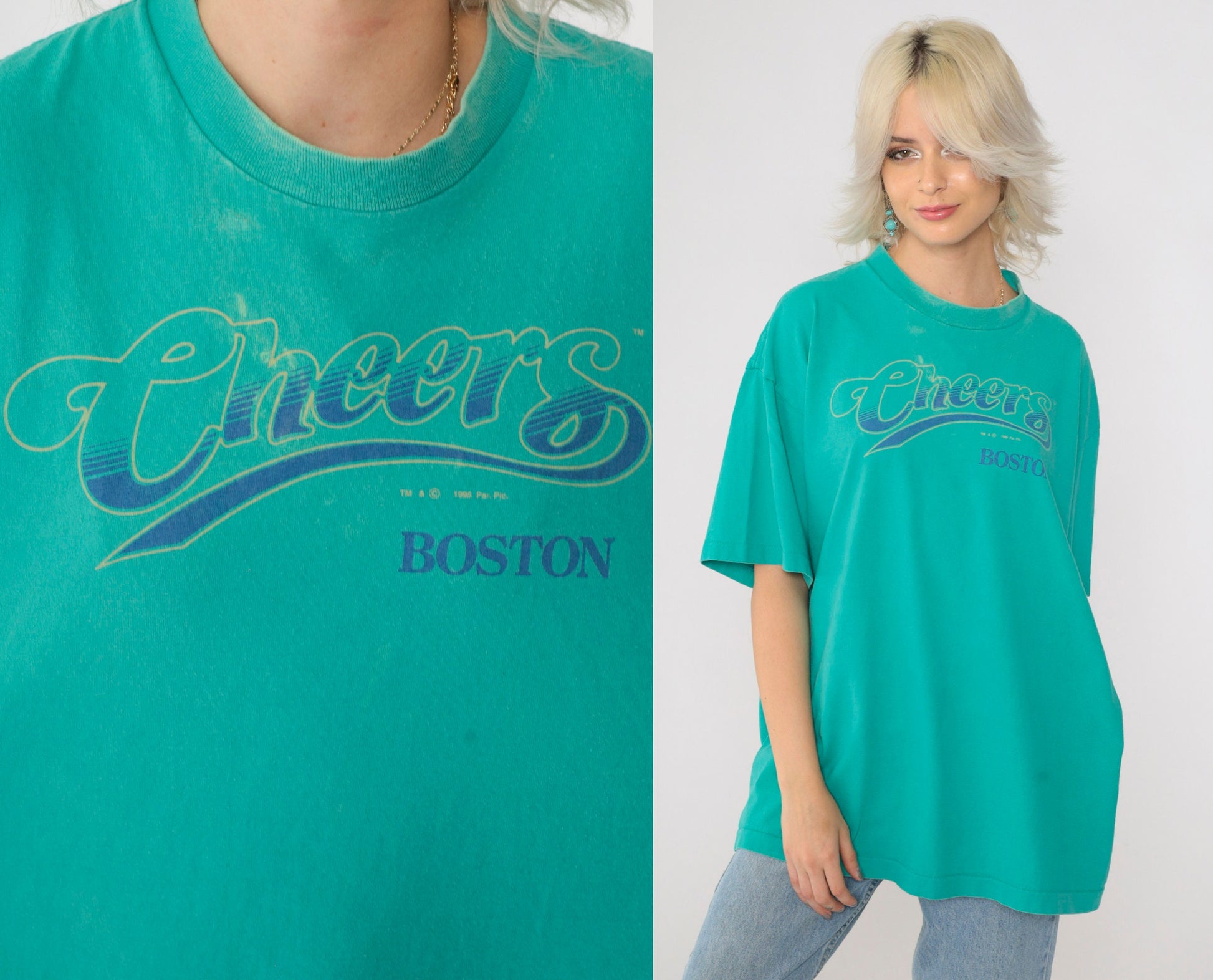 90s Cheers Boston Graphic T-Shirt Turquoise Green Single Stitch Extra Extra Large XXL