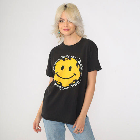 00s Smiley Face Flame Graphic T-Shirt Black Cotton Crew Neck Medium