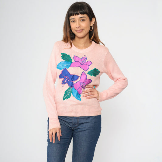 90s Baby Pink Sequin Floral Knit Sweater Beaded Crewneck Small