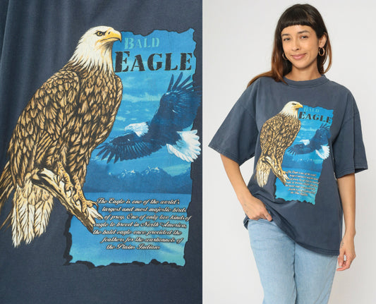90s Bald Eagle Nature Graphic T-Shirt Navy Cotton Tee Extra Large XL