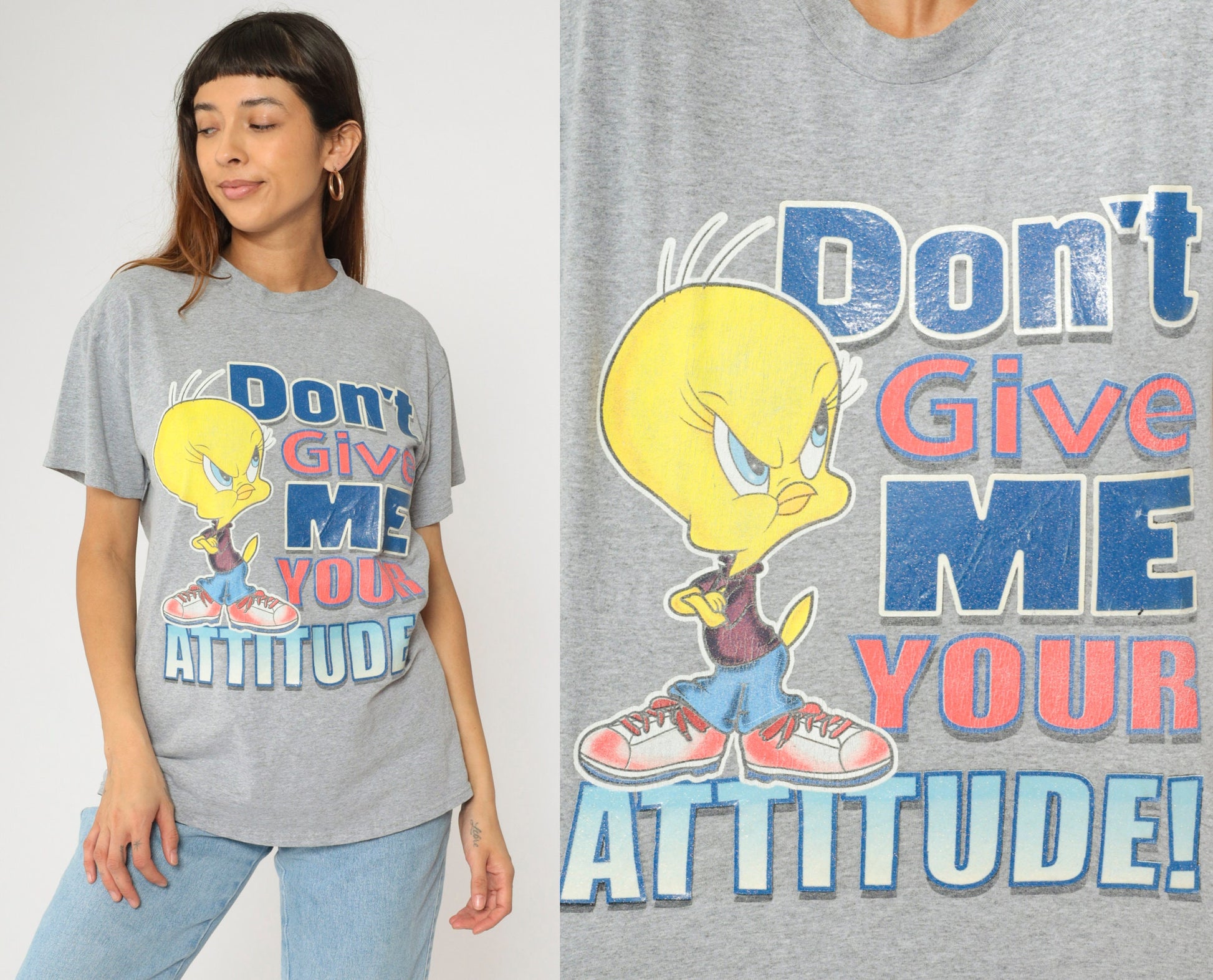 90s Tweety Bird Attitude Graphic T-Shirt Grey Warner Bros Medium