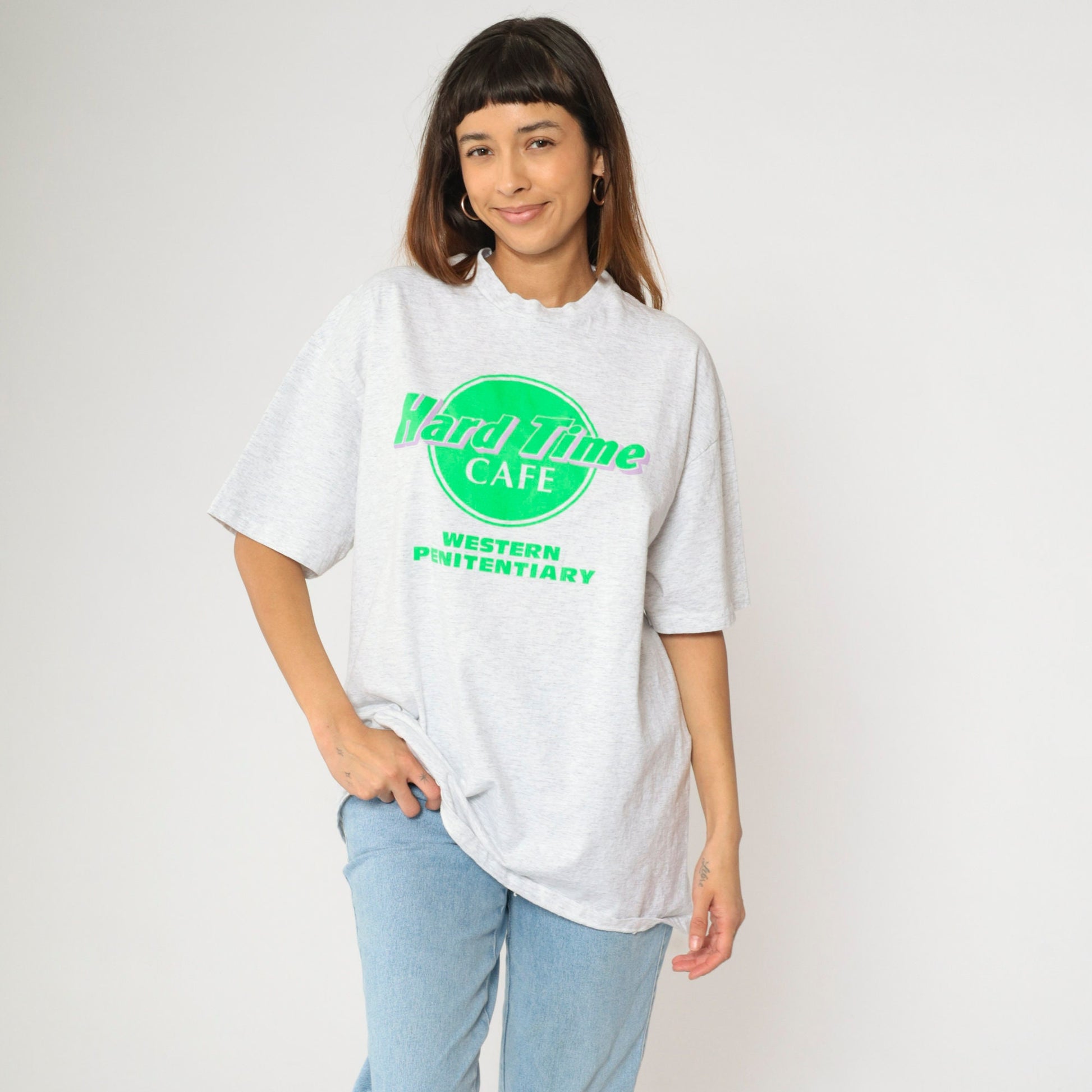 90s Hard Time Cafe Western Penitentiary Graphic T-Shirt Grey Cotton Extra Large
