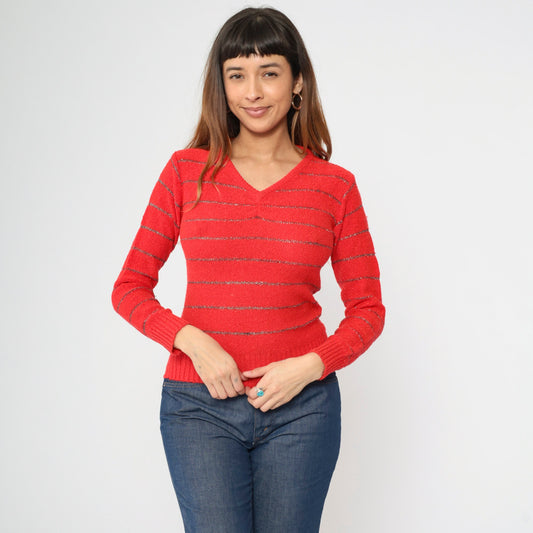 70s Metallic Striped Sweater Red Silver V-Neck Pullover Knit Small
