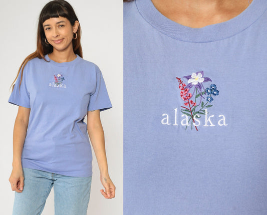 90s Alaska Floral Embroidered Periwinkle T-Shirt Cotton Graphic Tee XS