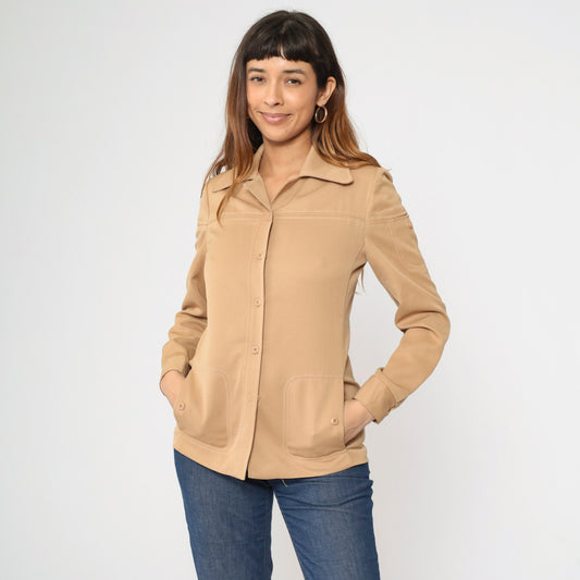 70s Tan Button-Up Blouse Dagger Collar Long Sleeve Pocket Shirt Small