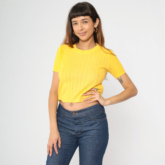 90s Yellow Cropped Ribbed Knit Sweater Short Sleeve Small S