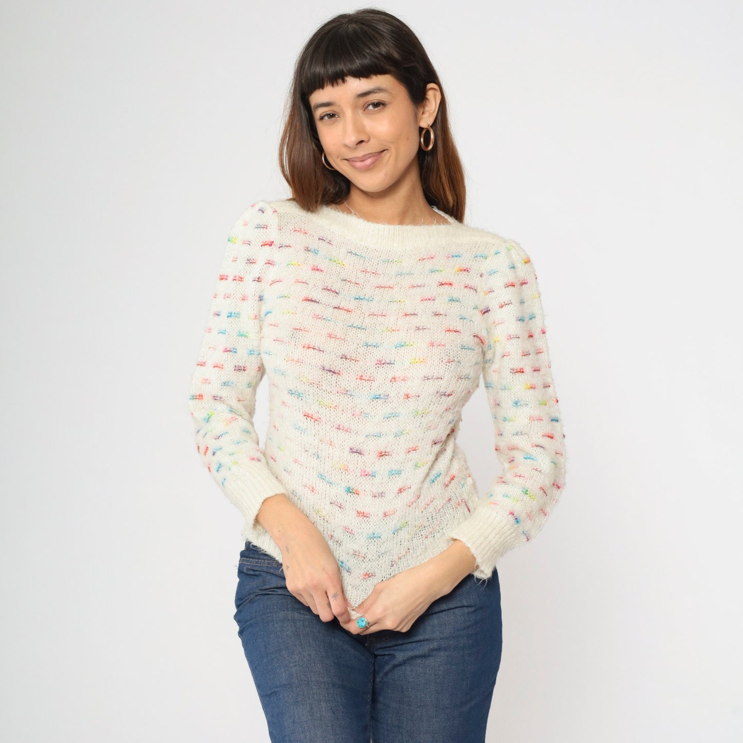 80s White Rainbow Striped Puff Sleeve Knit Sweater Boatneck Pullover XS